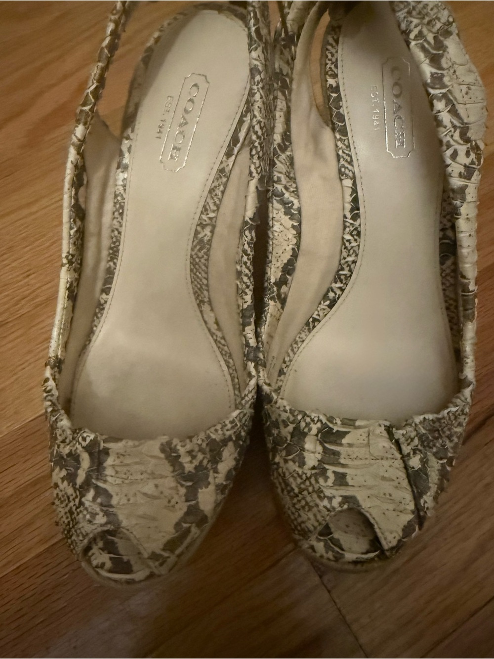 Coach Beige and Brown Snake-Print Peep-Toe Slingback Flats